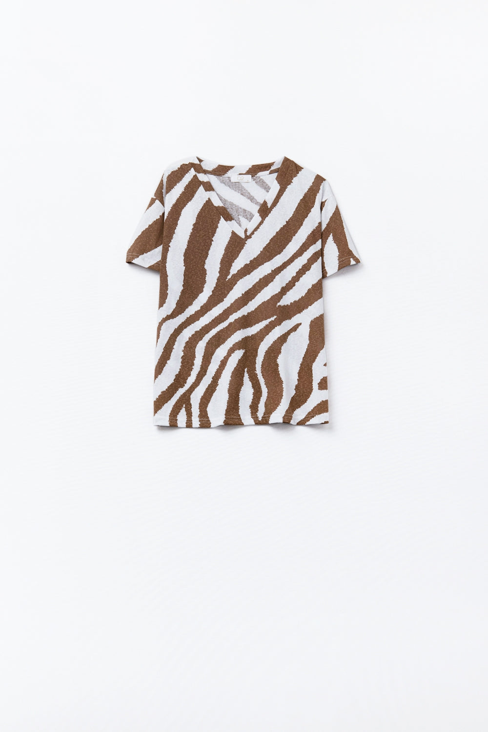 T-shirt à col en V avec imprimé zébré camel