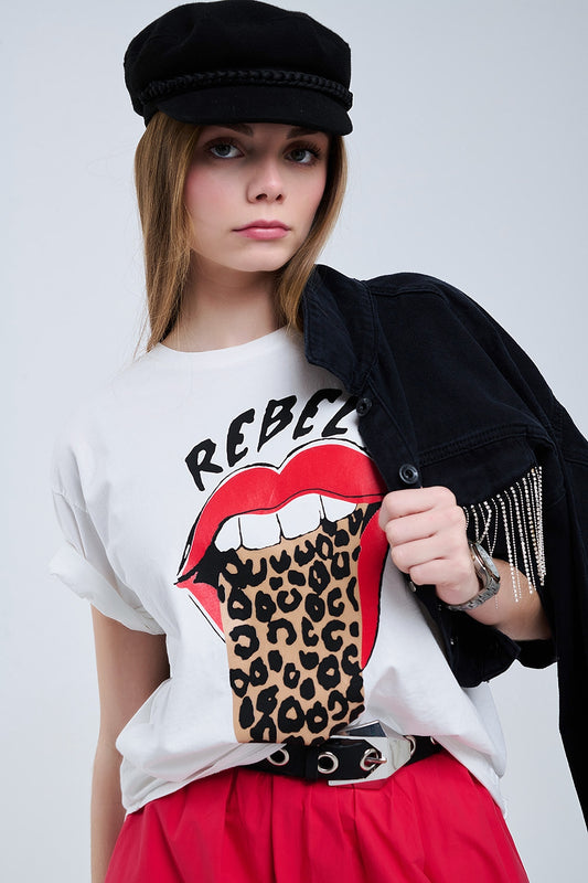 T-shirt blanc décontracté avec imprimé graphique Rebel et Lips