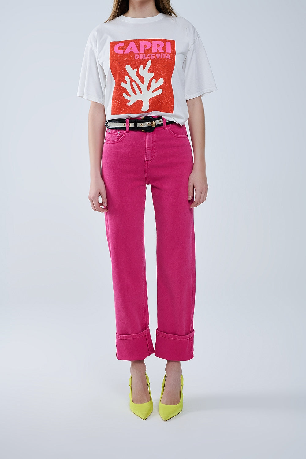 Pantalon droit à ourlet court en magenta