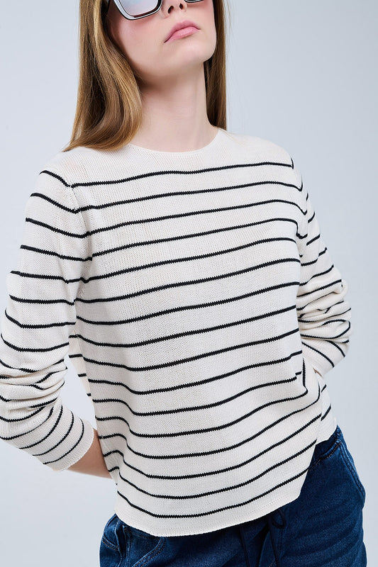 pull beige rayé en tricot fin