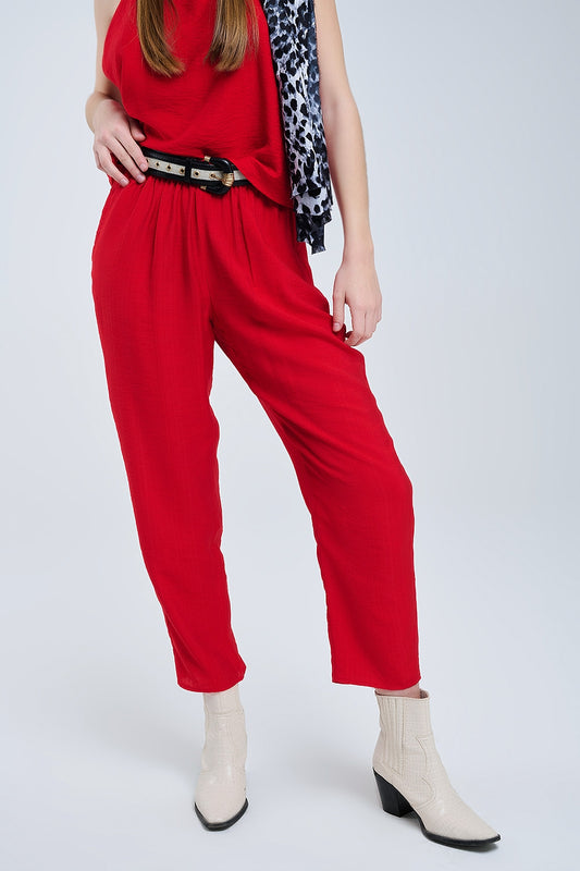 Pantalon d'été avec taille élastiquée et poches en rouge