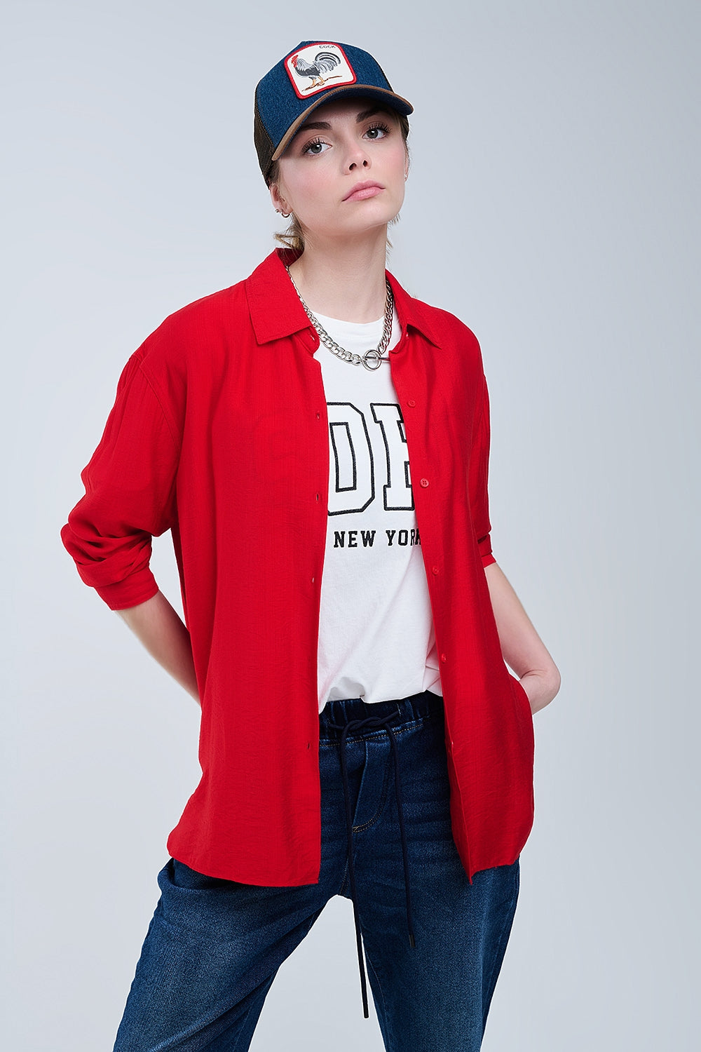 Chemise rouge à coupe décontractée Manches 3/4 et ourlet plongeant