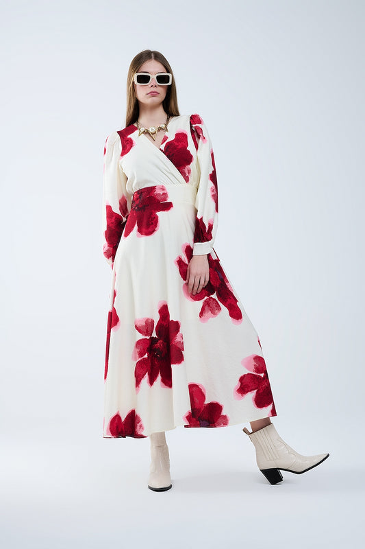 Robe midi portefeuille beige avec imprimé floral tropical rouge et manches longues