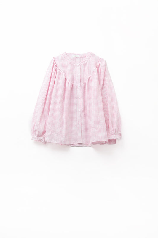 Chemisier sans col à manches larges vichy rose pâle