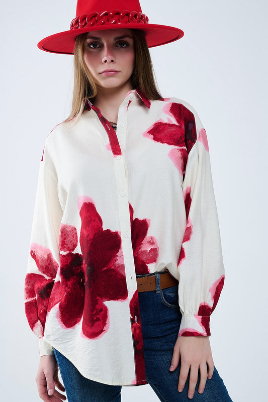 Chemise décontractée en beige avec imprimé de fleurs tropicales en rouge