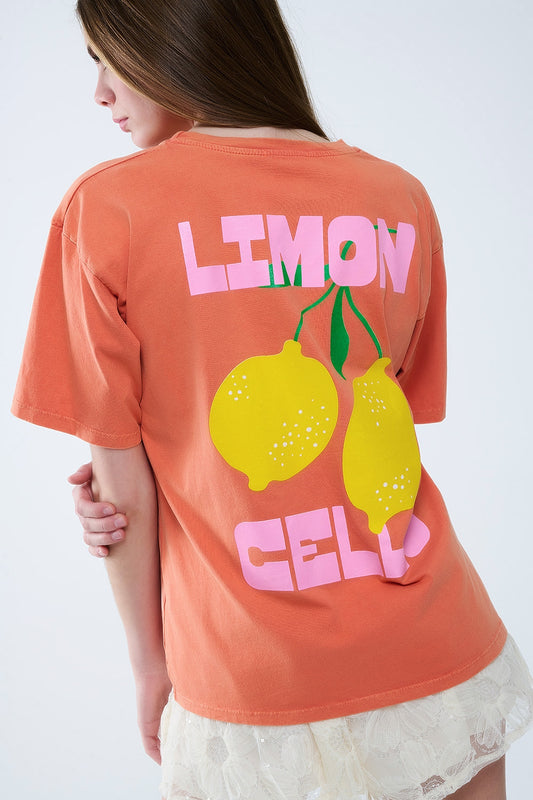 t-shirt décontracté orange avec imprimé citron