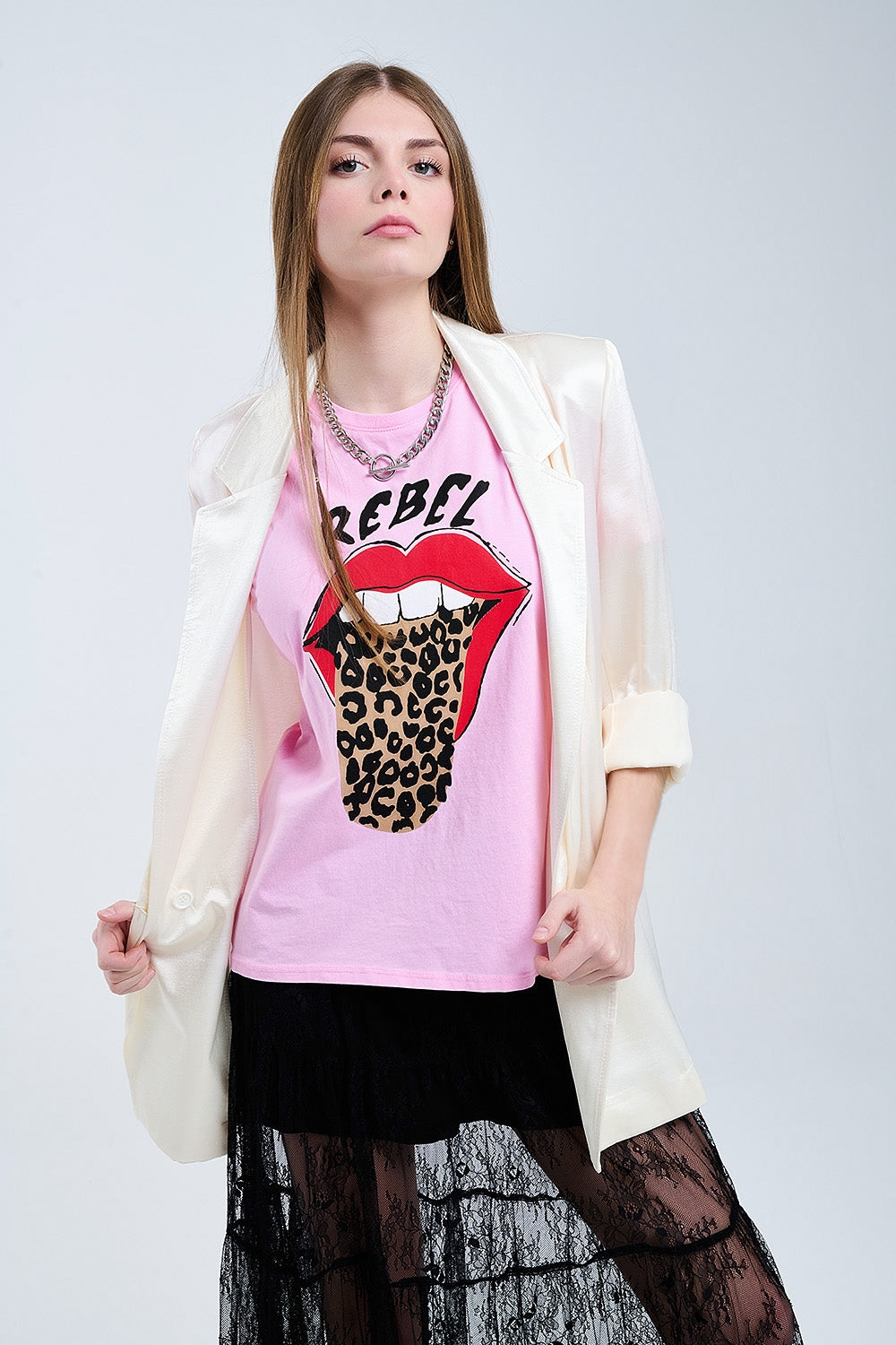 Tee-shirt graphique Pink Rebel avec languette imprimée léopard