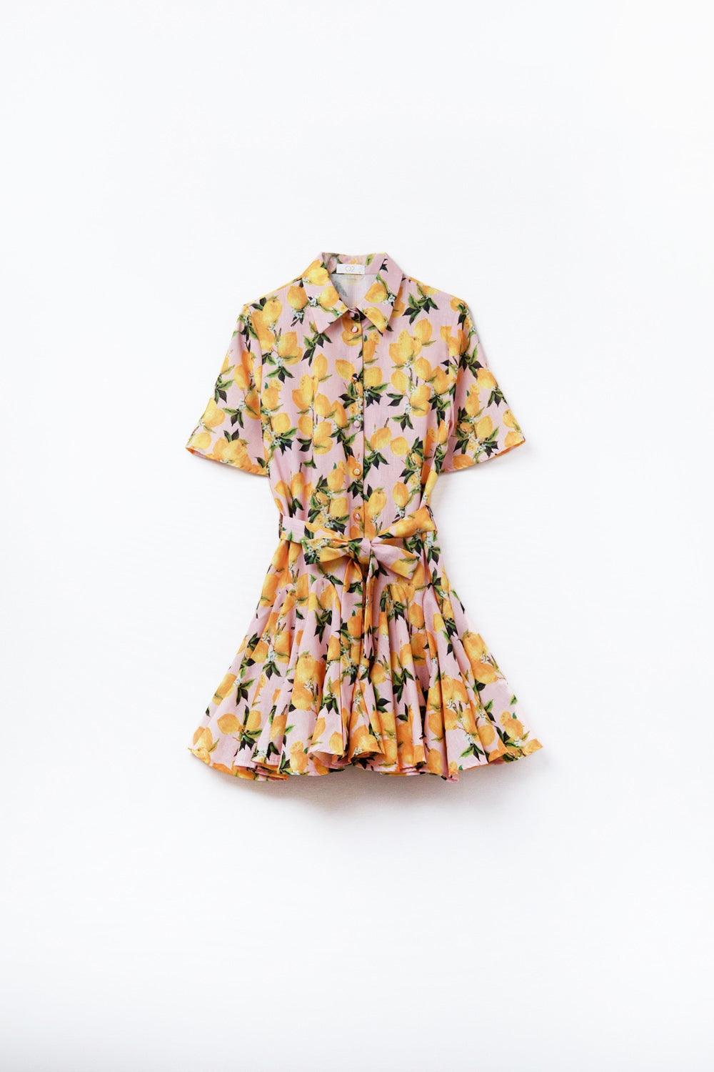 Robe romantique avec ceinture imprimé citron et manches courtes en rose