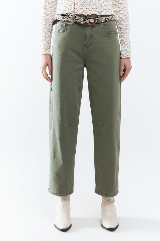 Pantalons droits longueur cheville en kaki avec détail de couture au genou