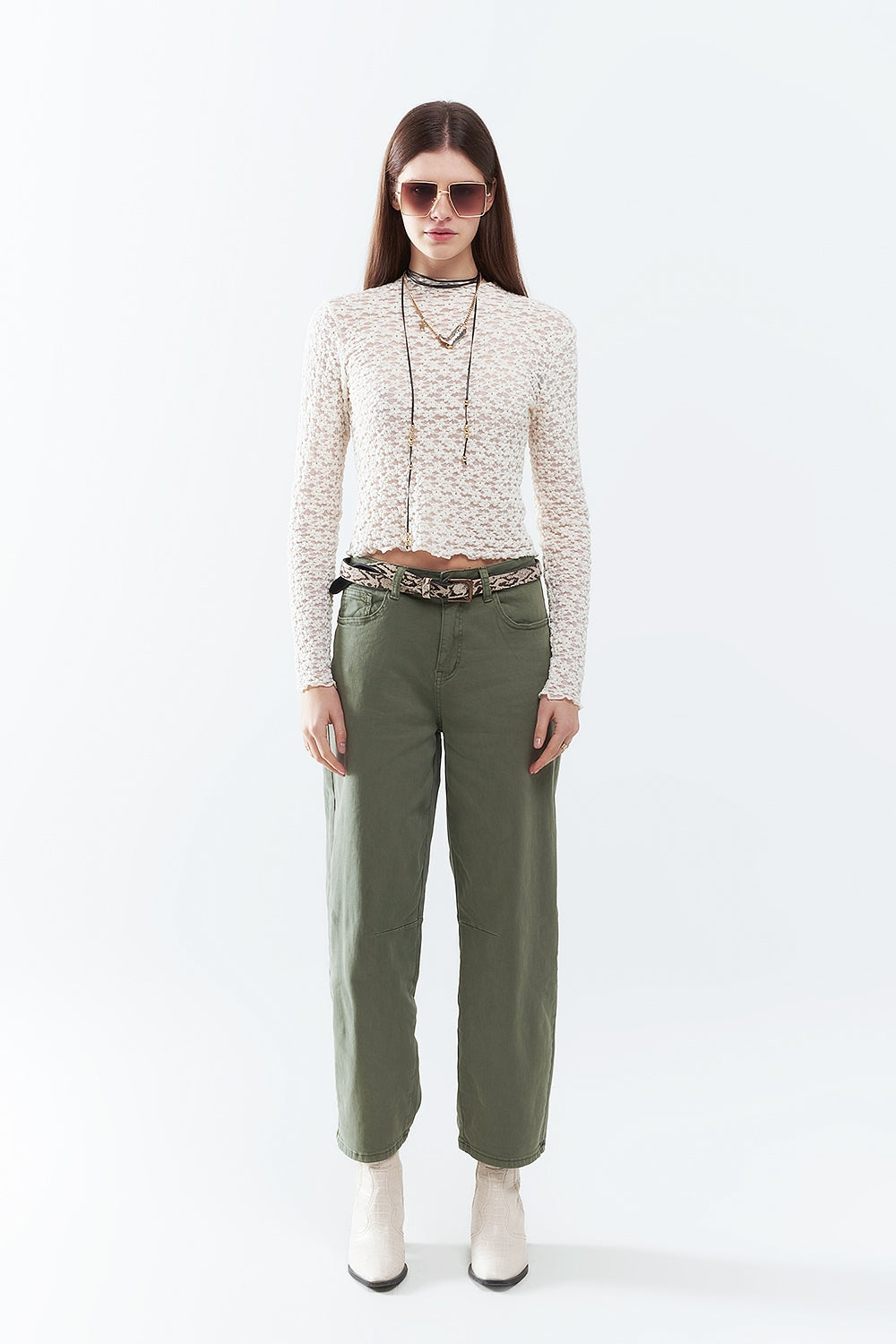 Pantalons droits longueur cheville en kaki avec détail de couture au genou