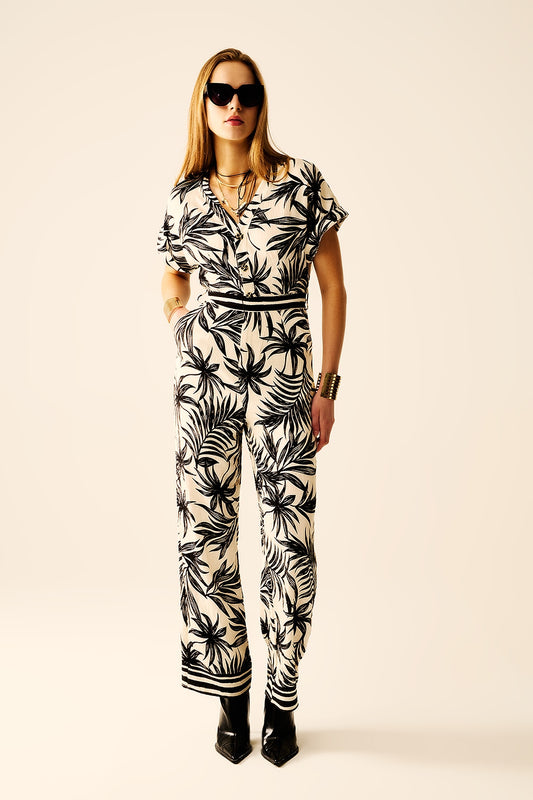 Combinaison à manches courtes avec motif tropical en noir et blanc