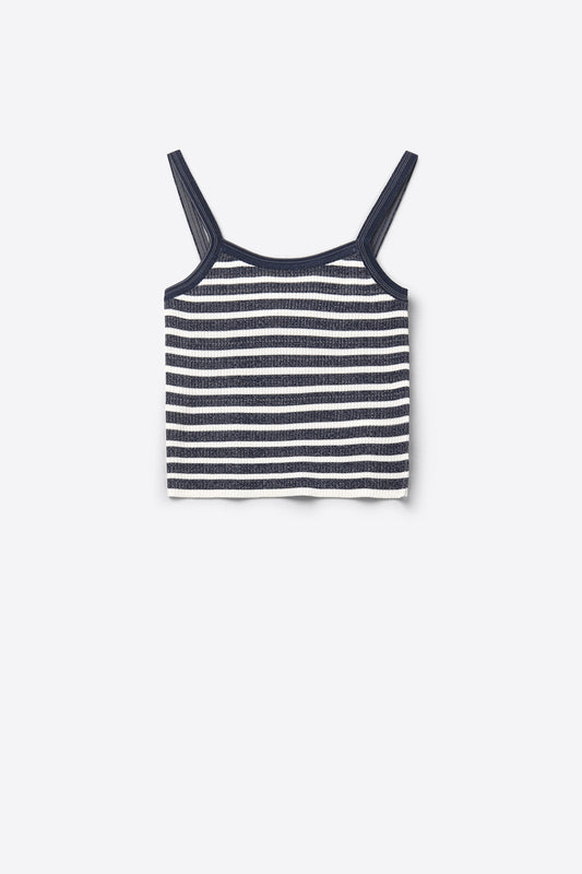 Top bleu marine avec rayures et bretelles blanches