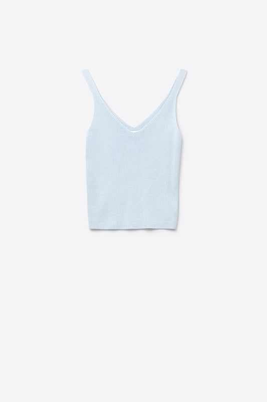 Top en tricot côtelé Baby Blue avec col en V et bretelles spaghetti