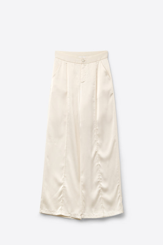 pantalon large crème en satin texturé