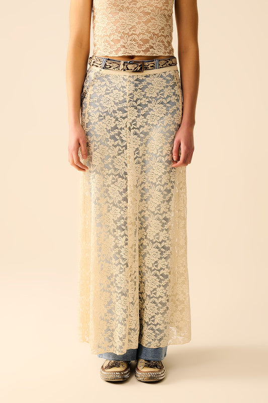 Jupe maxi en dentelle beige avec motif floral