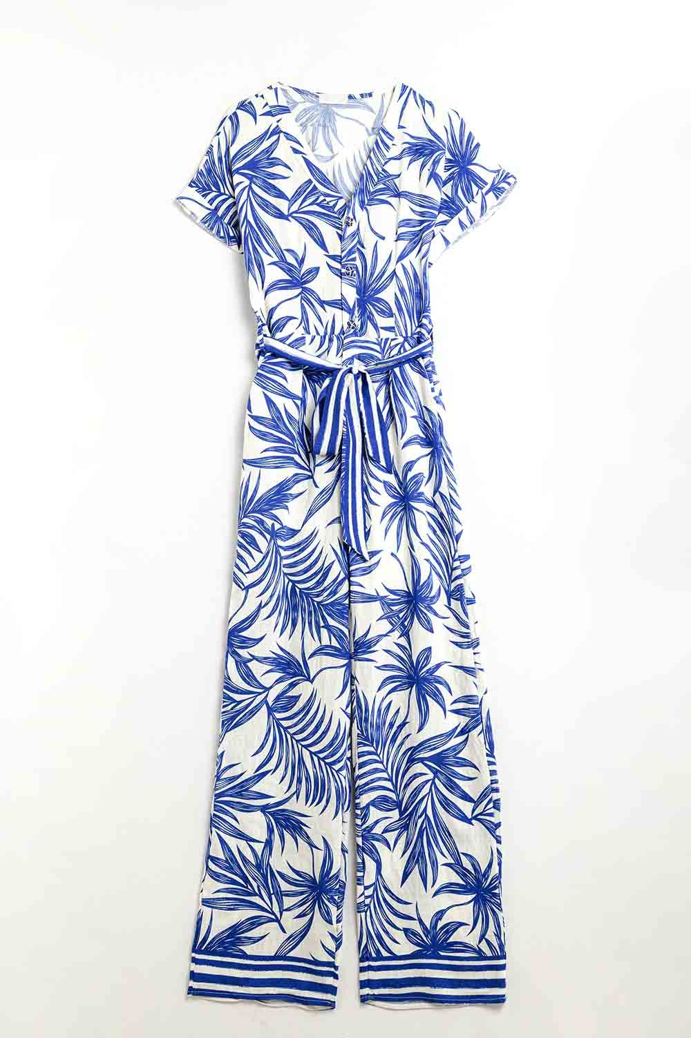 Combinaison à manches courtes motif tropical en bleu et blanc