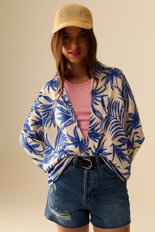 Blouse Décontractée à Motif Tropical en Bleu et Blanc