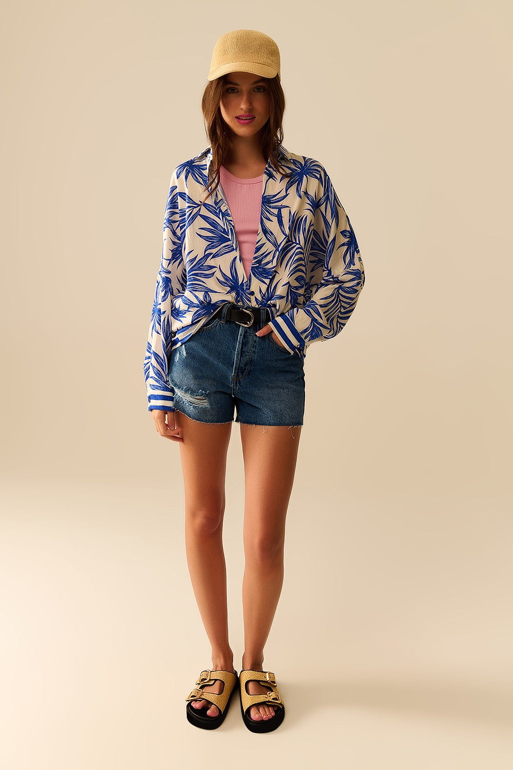 Blouse Décontractée à Motif Tropical en Bleu et Blanc