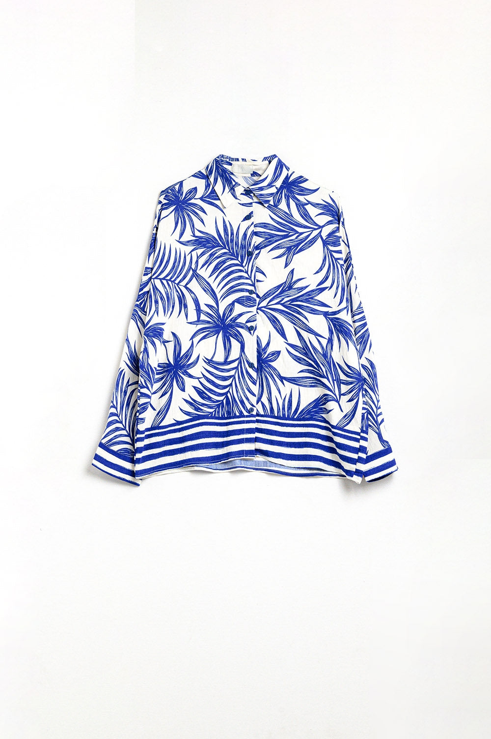 Blouse Décontractée à Motif Tropical en Bleu et Blanc