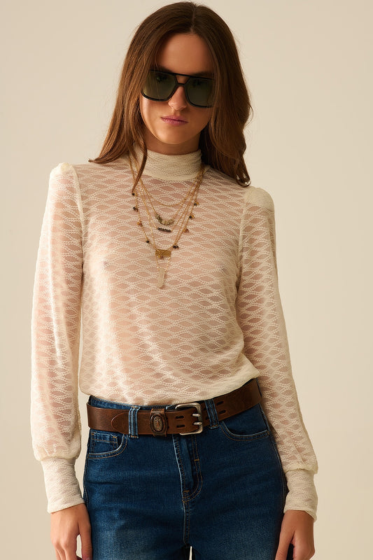Haut Col Roulé en Dentelle Transparente Beige avec Épaules Bouffantes
