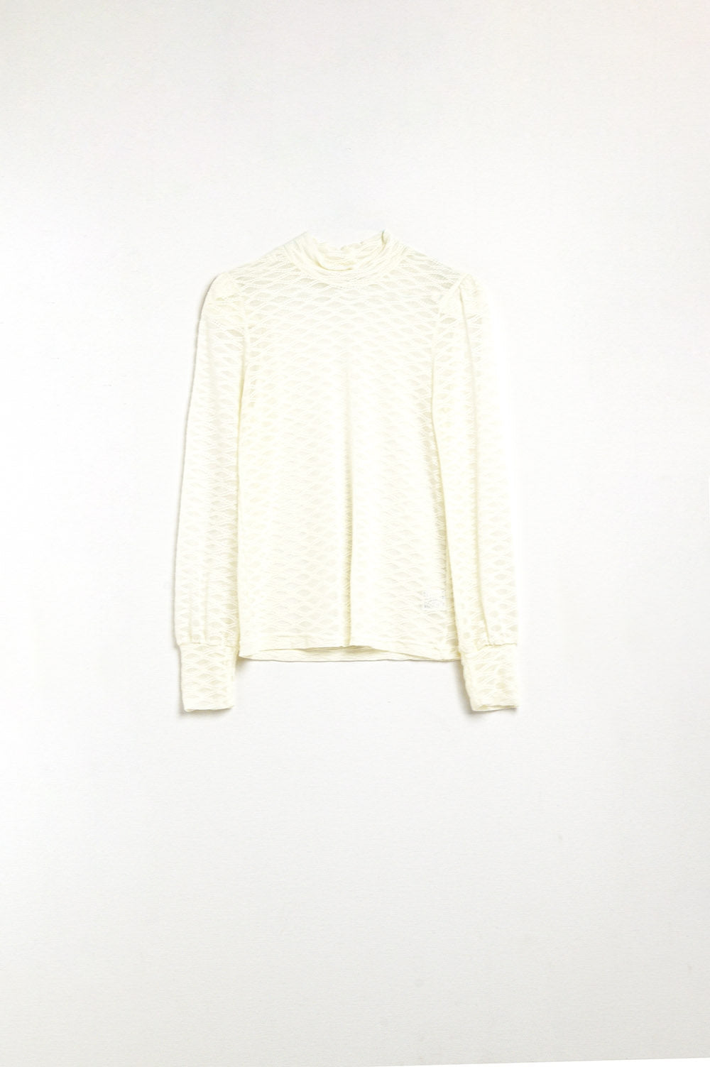 Haut Col Roulé en Dentelle Transparente Beige avec Épaules Bouffantes