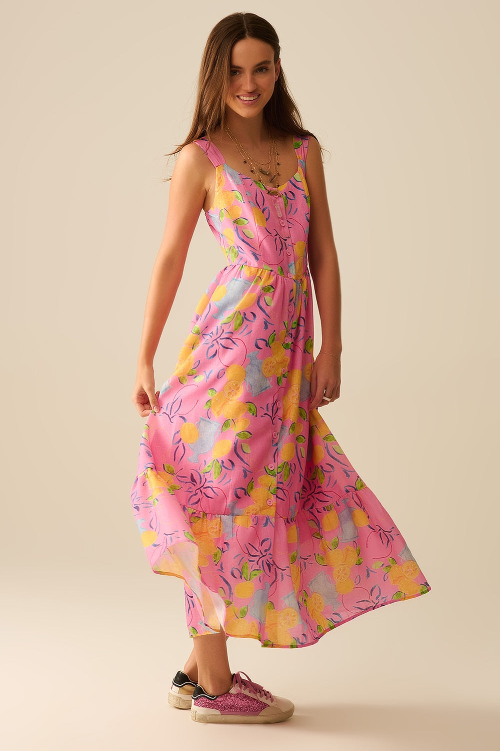 Robe maxi rose sans manches avec imprimé citron
