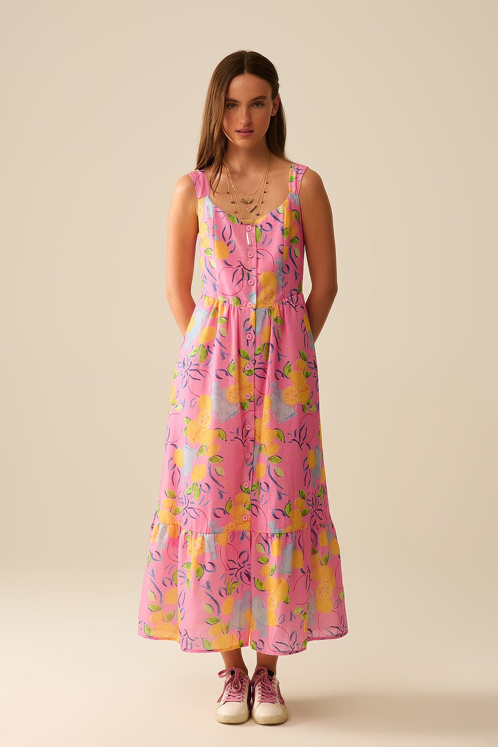 Robe maxi rose sans manches avec imprimé citron