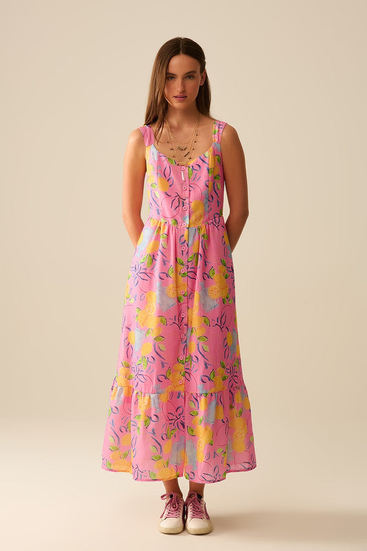 Robe maxi rose sans manches avec imprimé citron