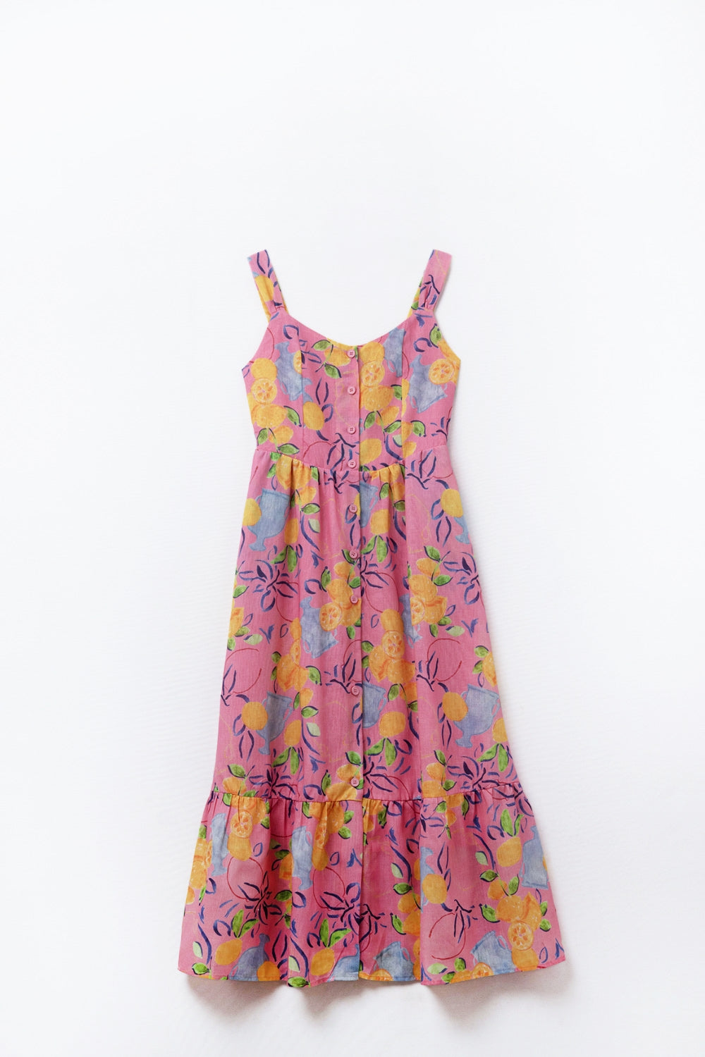 Robe maxi rose sans manches avec imprimé citron