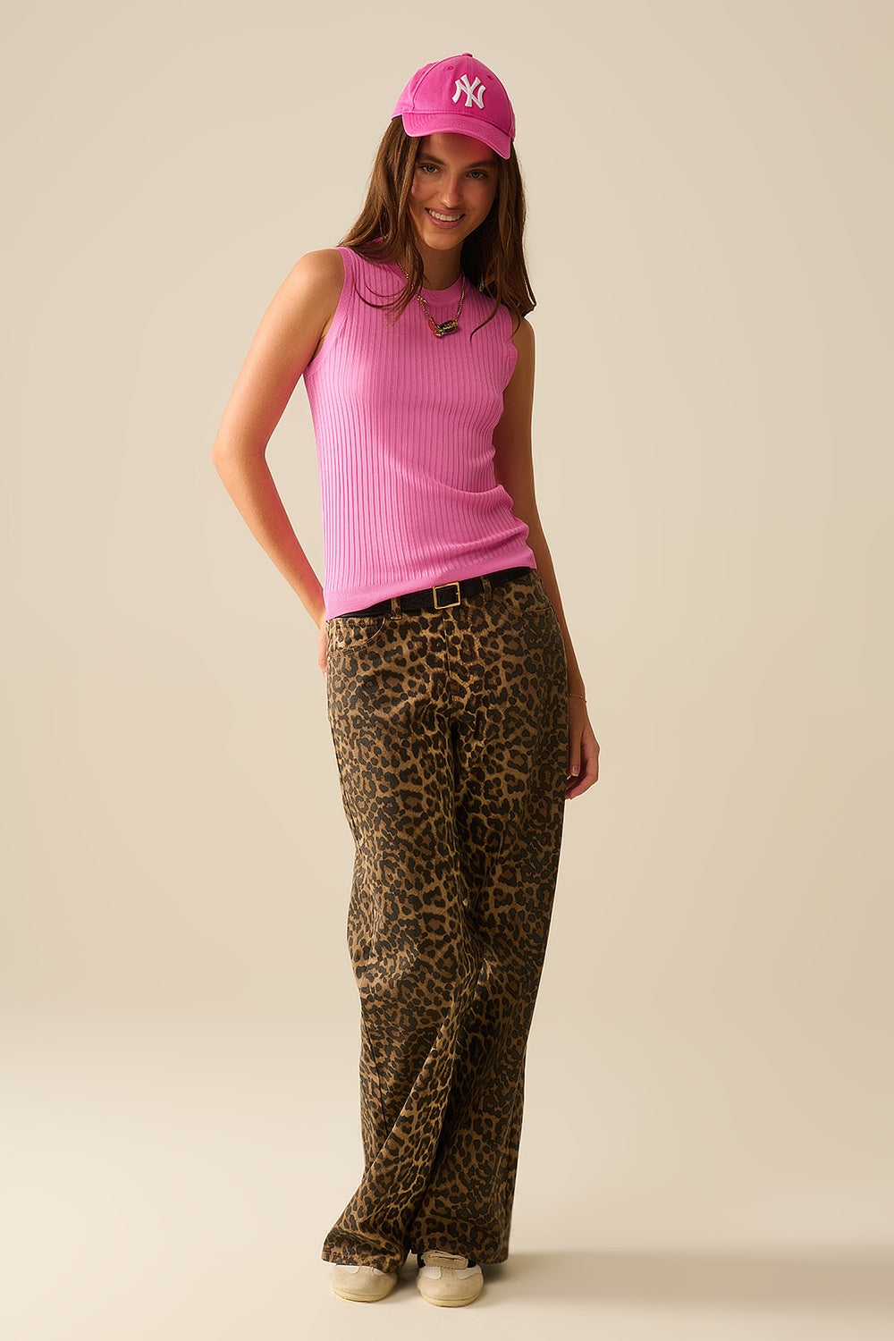 Fuchsia - Top sans manches en maille côtelée