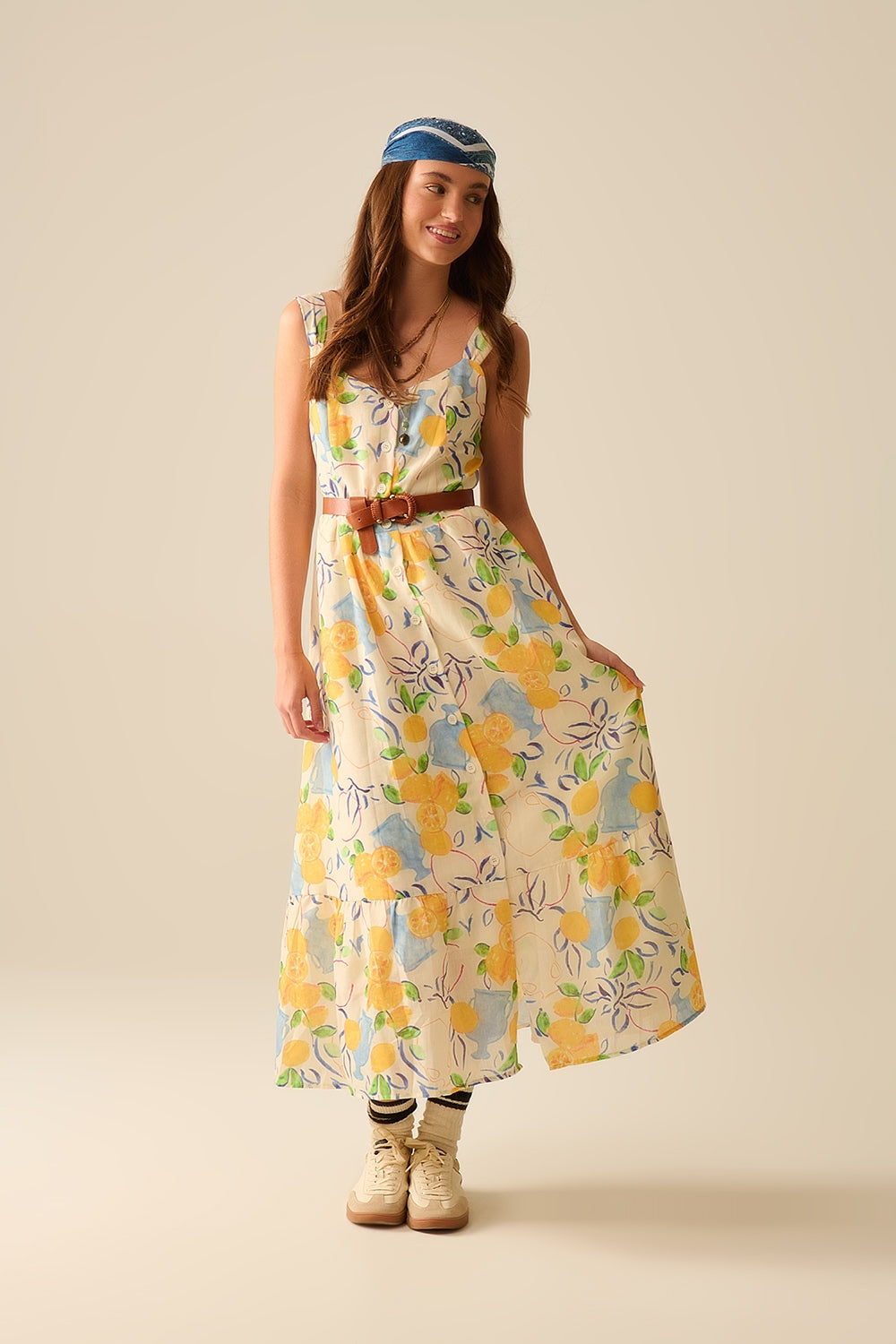 robe maxi blanche sans bretelles avec imprimé citron