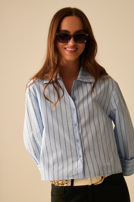 chemise courte en popeline rayée bleue