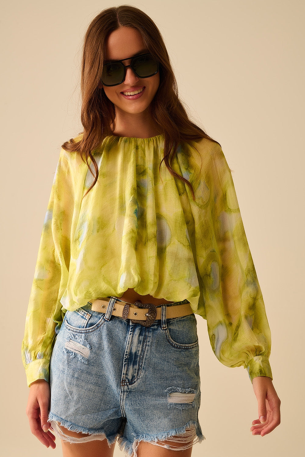 blouse en chiffon imprimé vert avec manches ballon