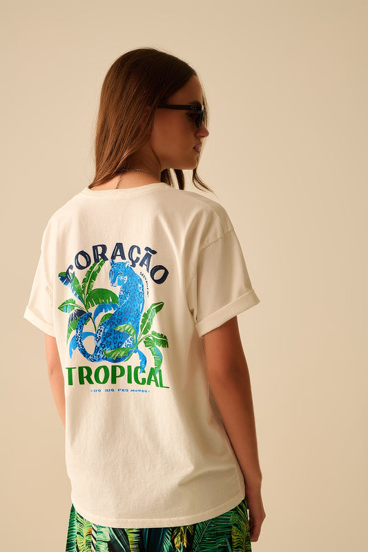 T-shirt blanche fabriquée en Italie avec imprimé graphique tropical