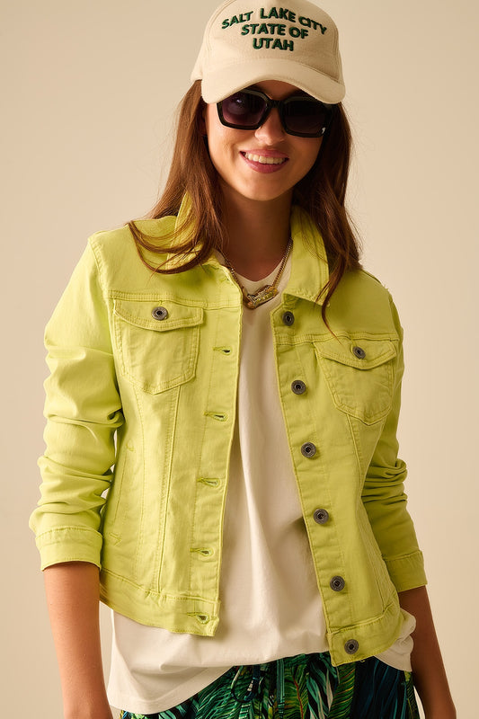 Veste en denim basique élastique avec poches en vert citron