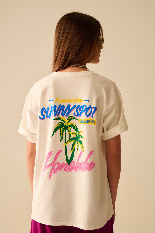 T-shirt blanc fabriqué en Italie avec graphisme Honolulu