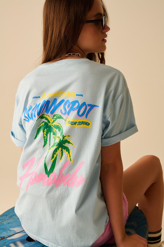 T-shirt bleu fabriqué en Italie avec graphisme Honolulu