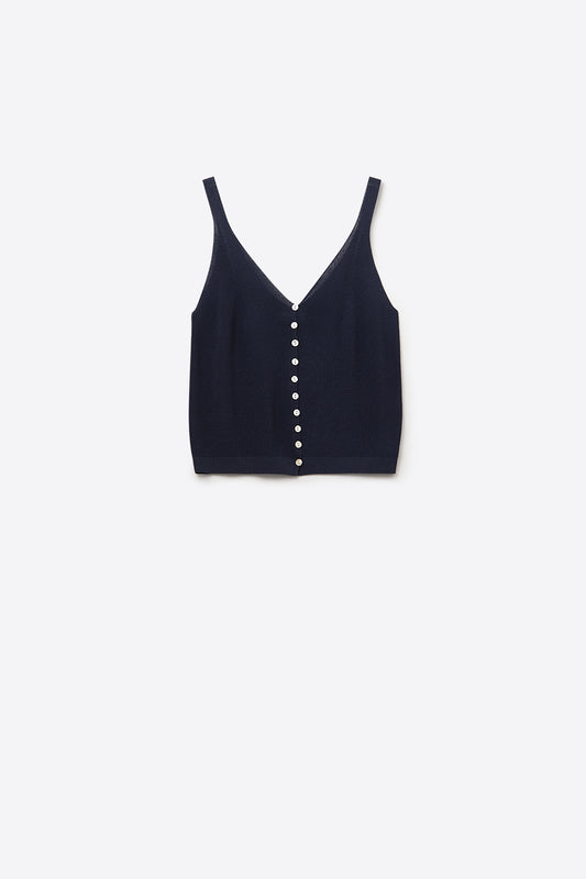 Top court boutonné en maille bleu marine