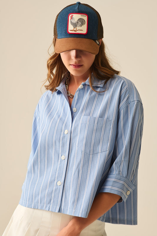 oversized Cropped Striped Shirt in Blue