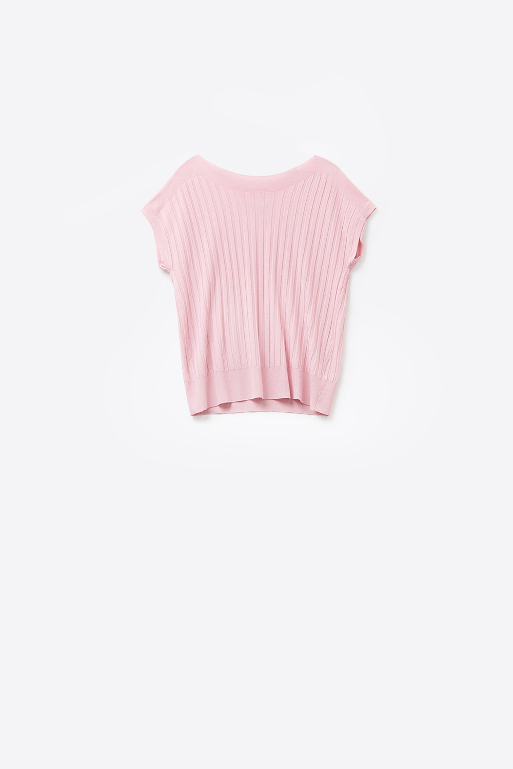 Pull tricoté en fines côtes roses avec col bateau