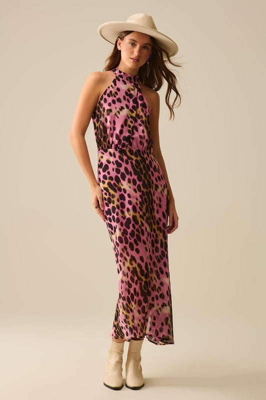 Robe midi à col licou croisé en imprimé animalier rose et noir