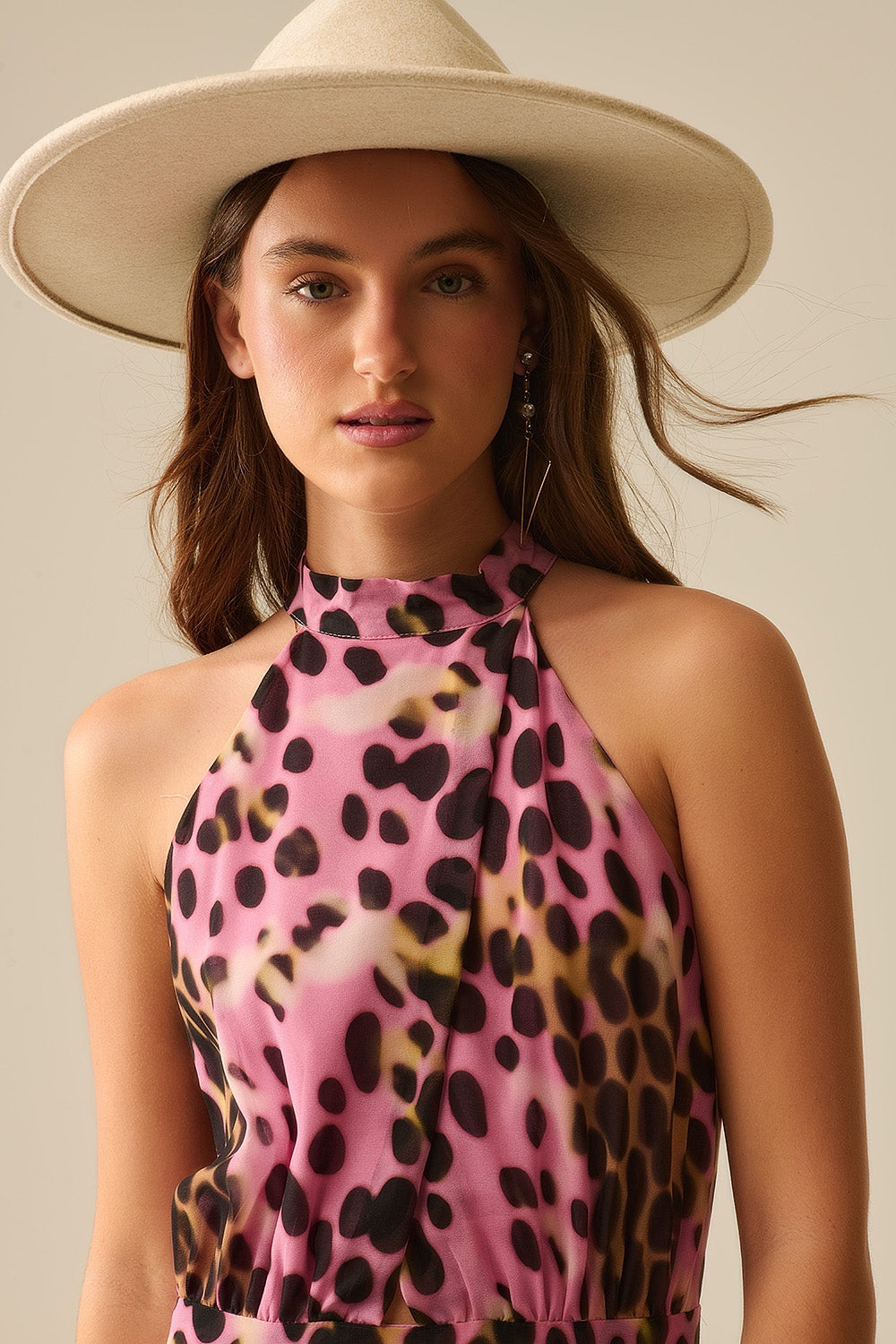 Robe midi à col licou croisé en imprimé animalier rose et noir