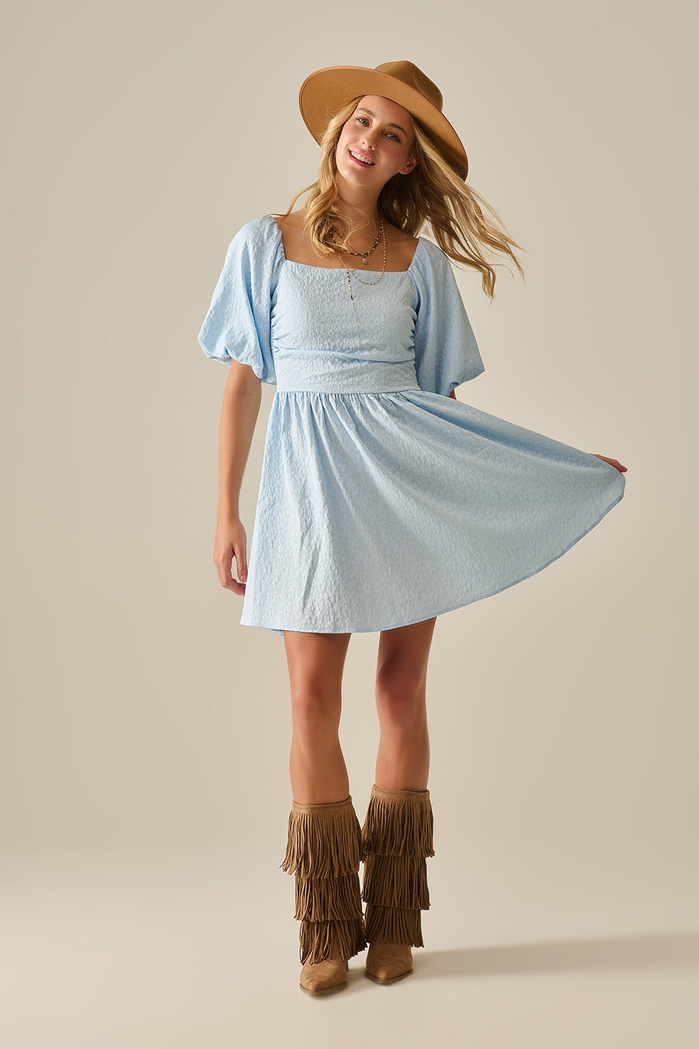 Mini robe texturée à manches bouffantes en bleu clair