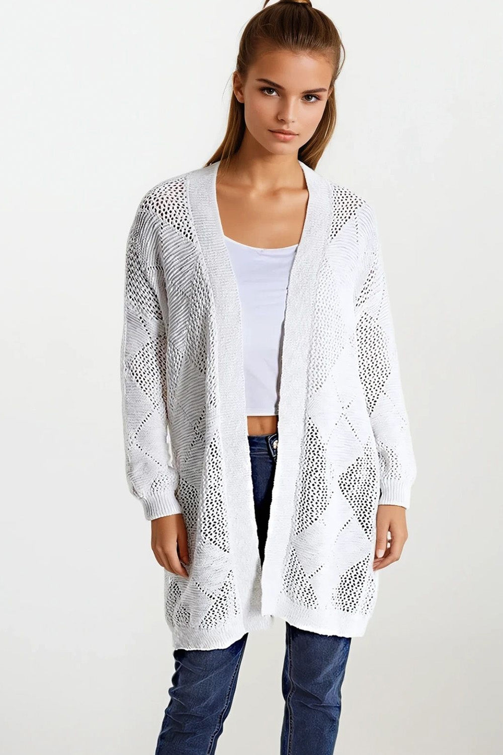 Cardigan drapé crème avec motif au crochet