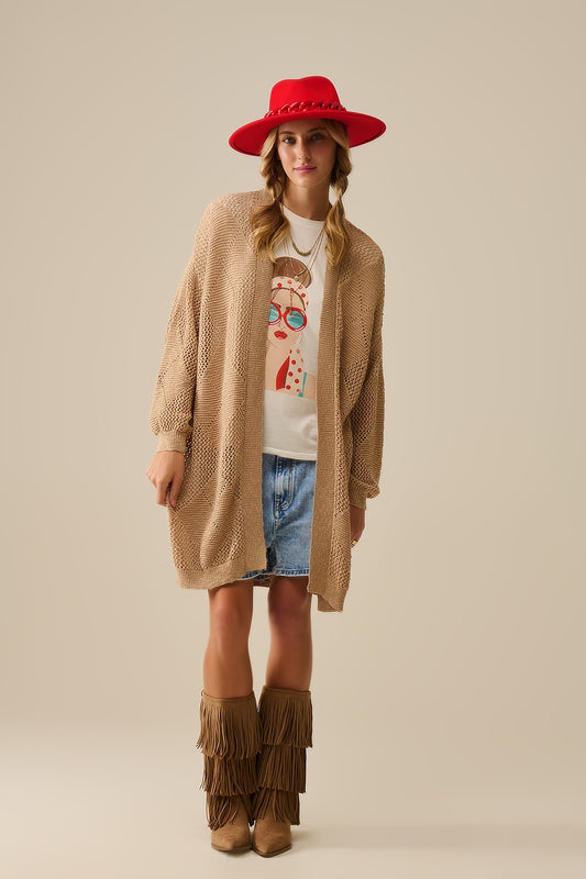 Cardigan drapé camel avec motif au crochet