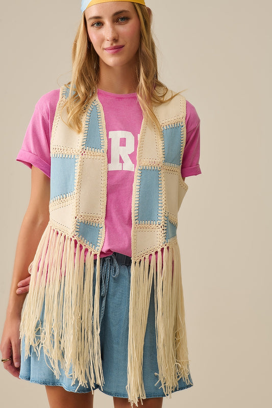 Gilet en simili-cuir avec patchwork et franges