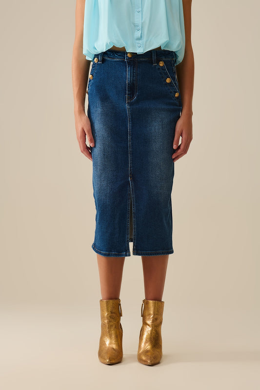 Jupe midi en denim extensible avec boutons dorés
