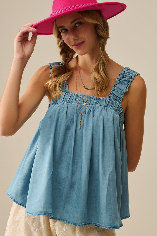 Top en tissu Tencel avec bretelles froncées en bleu