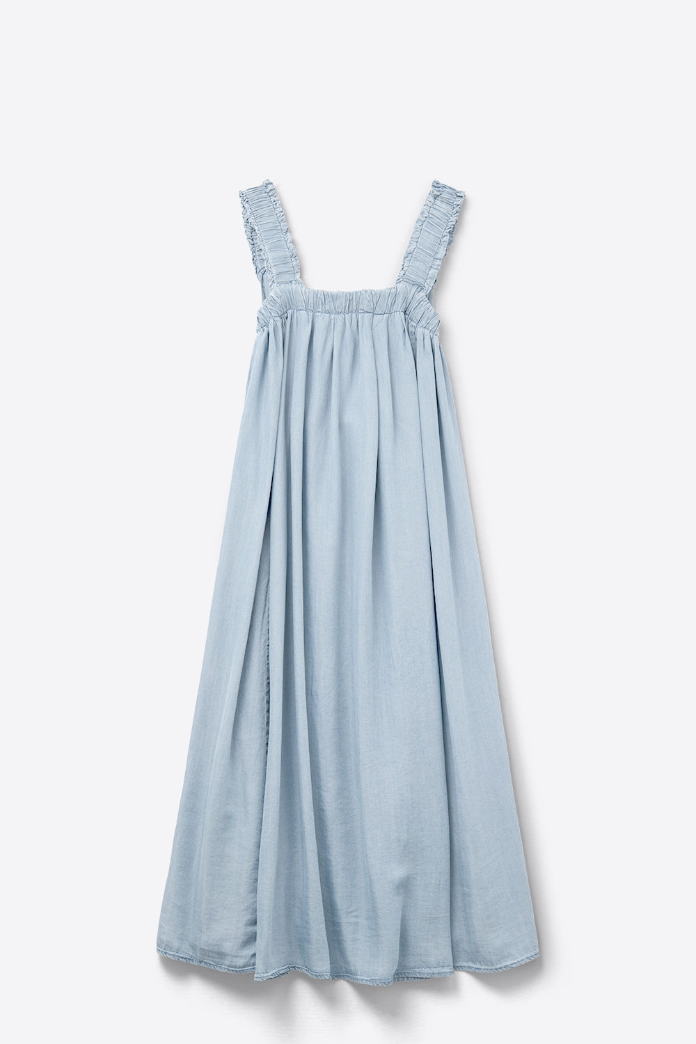 Robe longue à bretelles volantées en tissu tencel bleu clair
