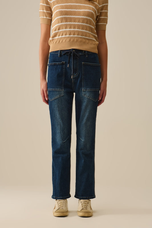 Jean large à taille ajustable en délavage foncé